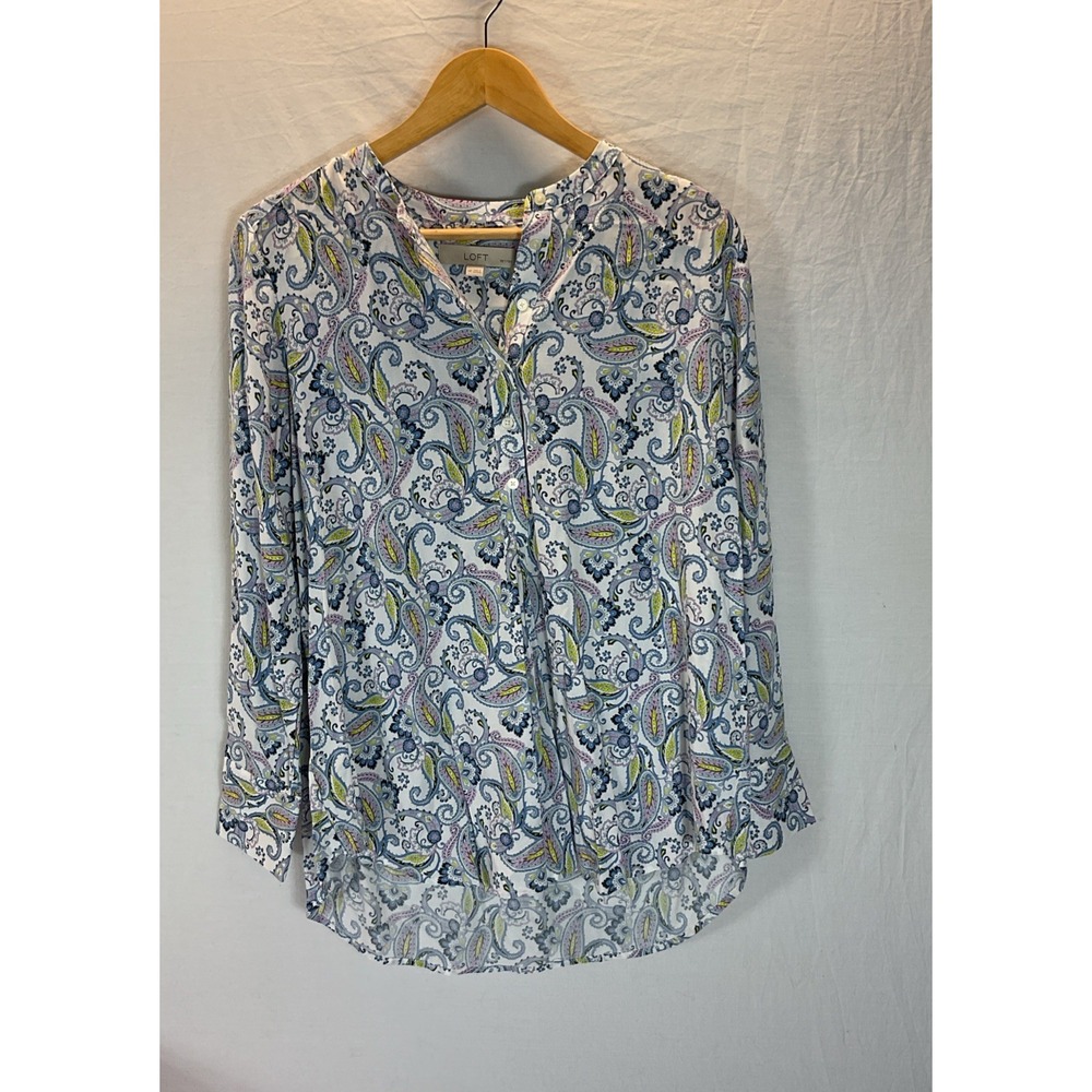 New LOFT Blouse Women's MP Paisley Rayon Popover Boho Tunic Long Sleeve Blue